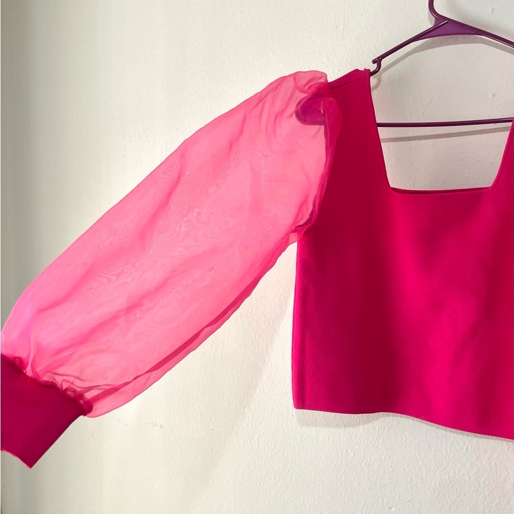 House of Harlow 1960 Hot Pink Puff-Sleeve Square Neck Top Size Large - Picture 4 of 8